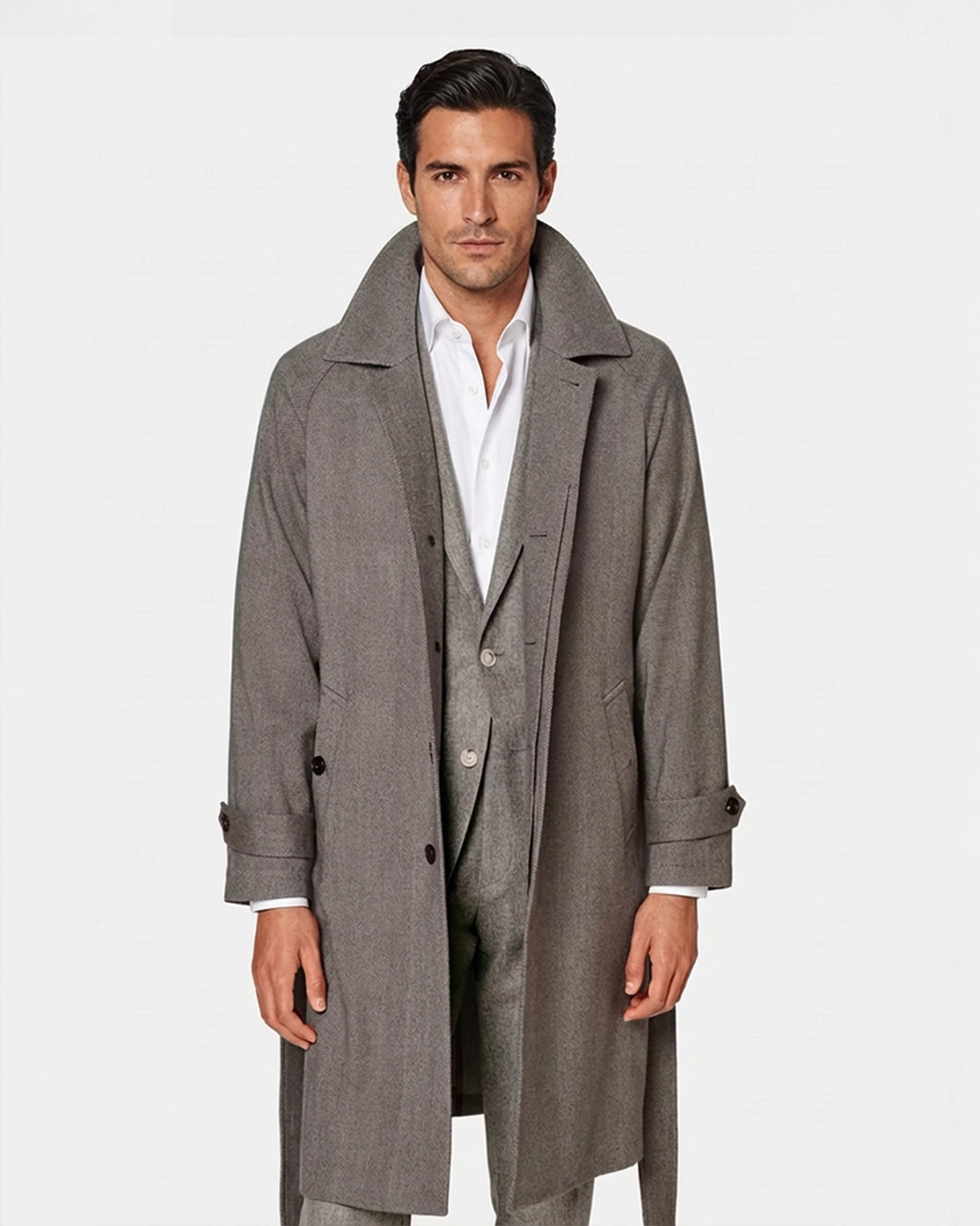 Abrigo de Lana a Medida Gris Espiga (Herringbone) con Cinturón y Manga Raglán