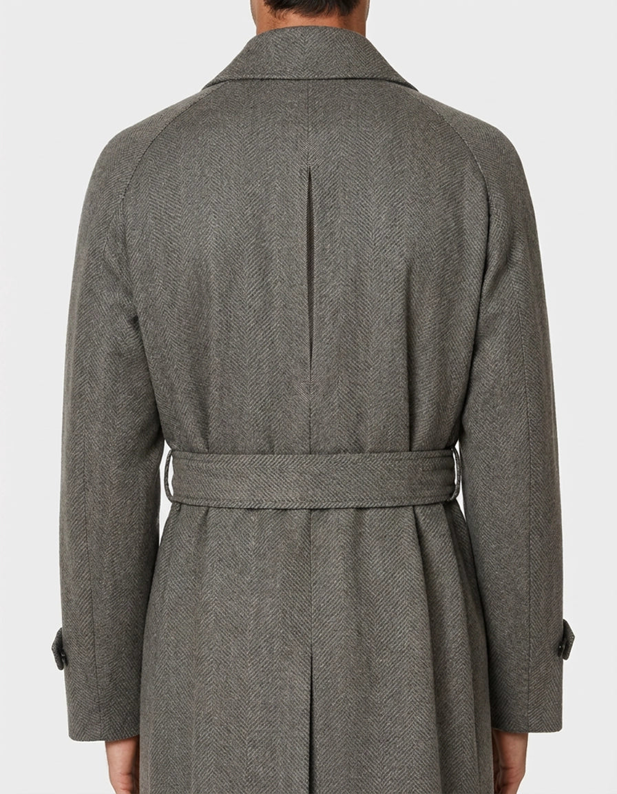 Abrigo de Lana a Medida Gris Espiga (Herringbone) con Cinturón y Manga Raglán