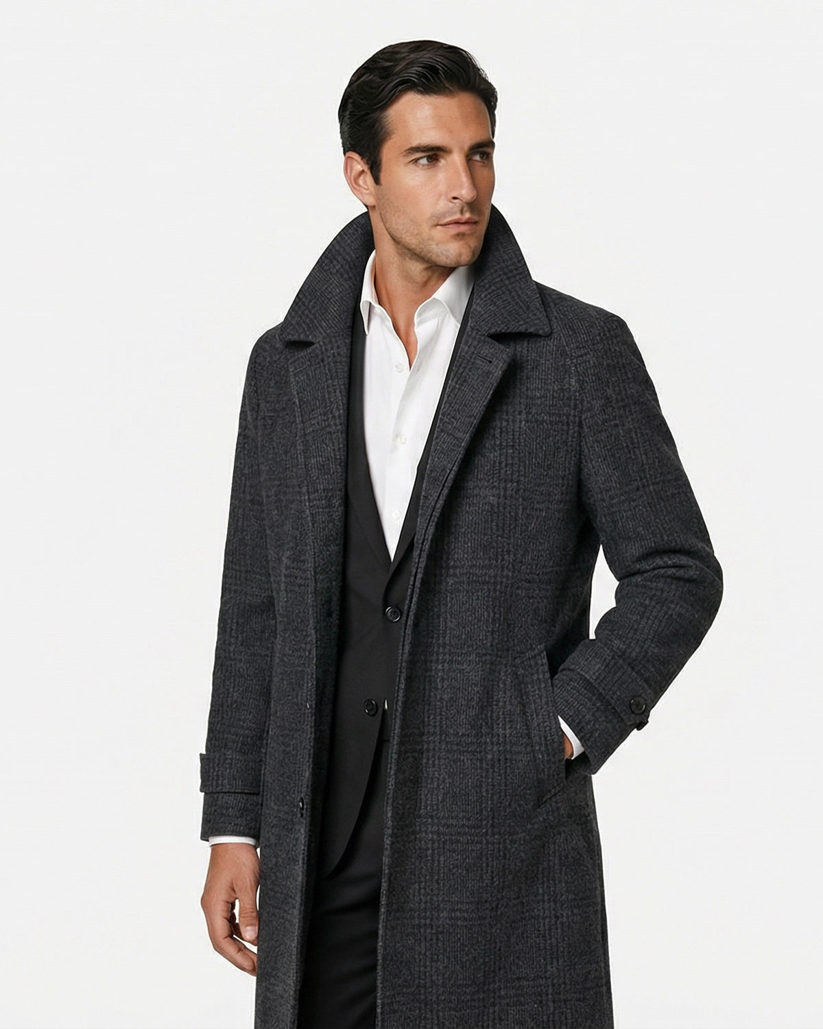 Abrigo de Lana a Medida Gris Carbón con Cuadros Príncipe de Gales y Cinturón