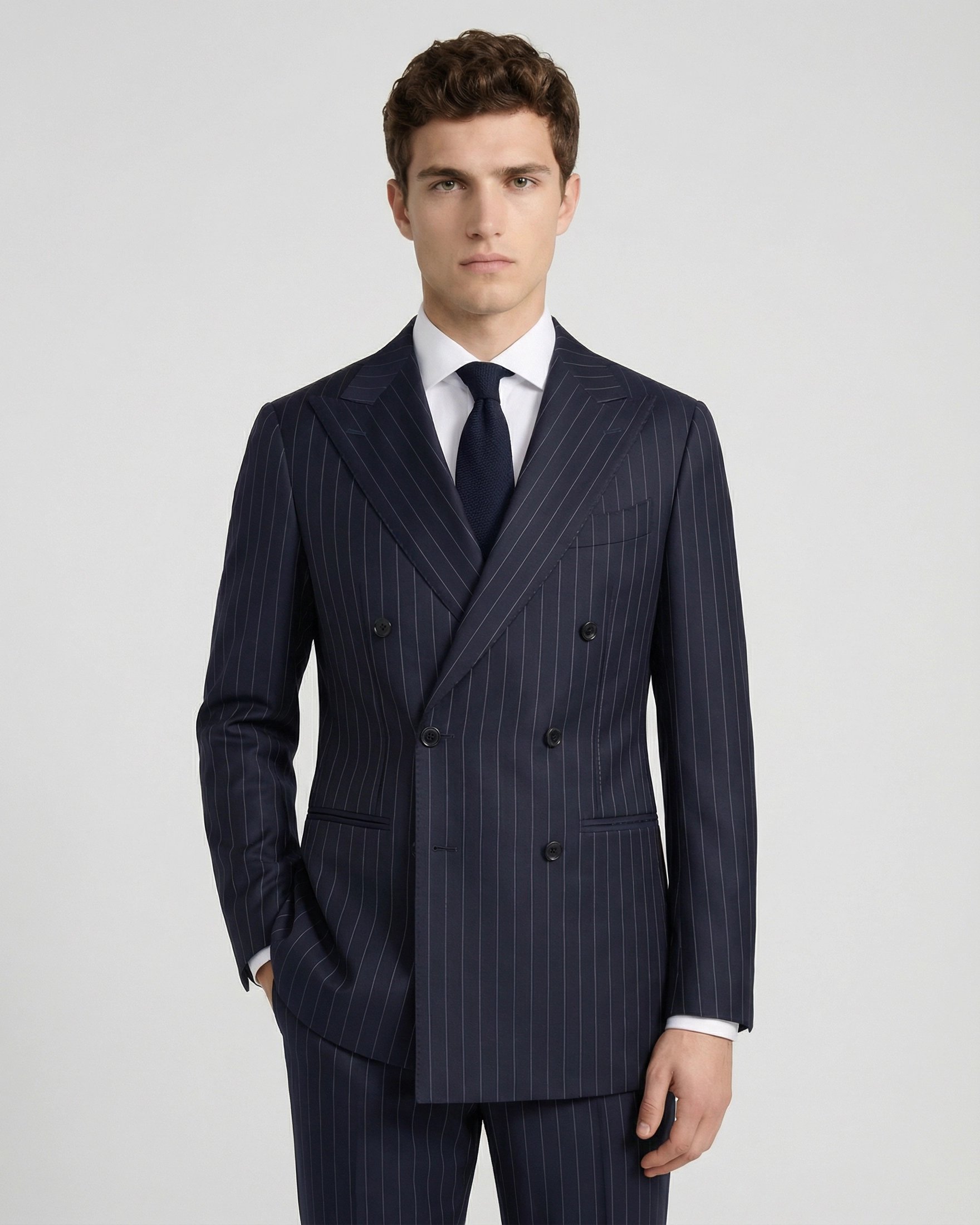 Traje Cruzado Azul Marino Raya Diplomática (Pinstripe) a Medida: El "Power Suit" Definitivo