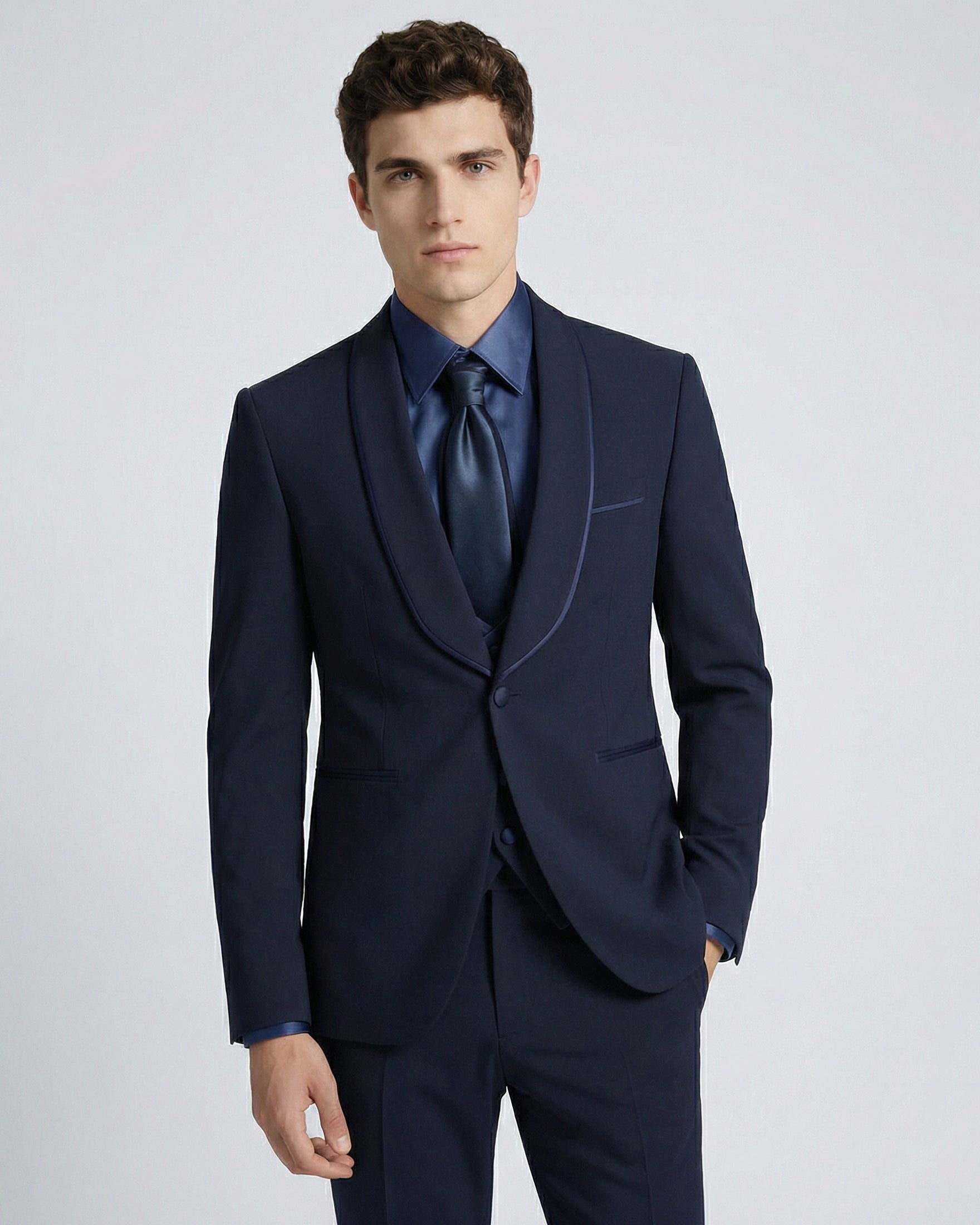 Traje de Novio Azul Noche (Midnight Blue) con Solapa Redonda y Ribete Satinado Fino