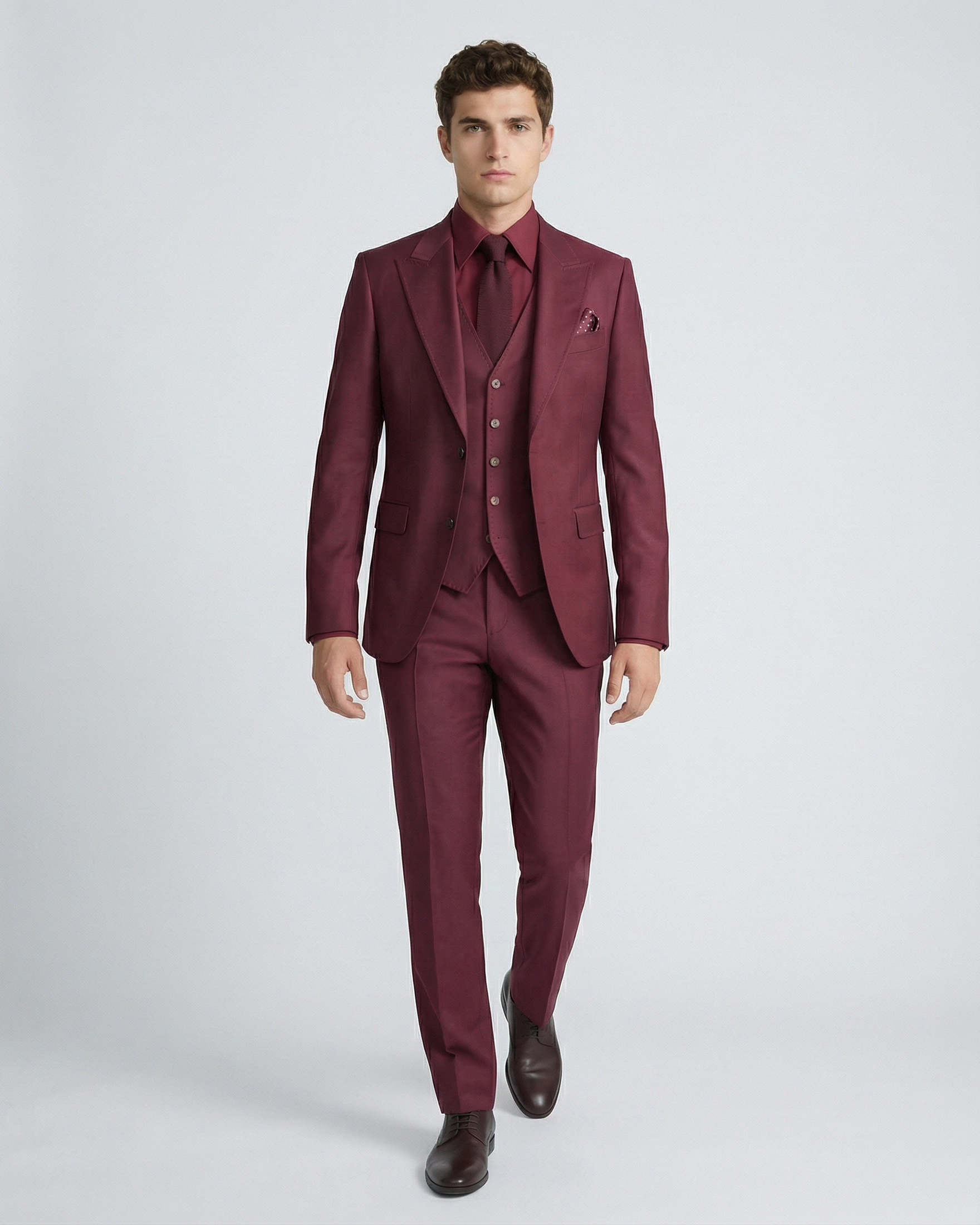 Traje de Novio Granate (Burgundy) 3 Piezas con Solapas de Punta y Punteado Sastre