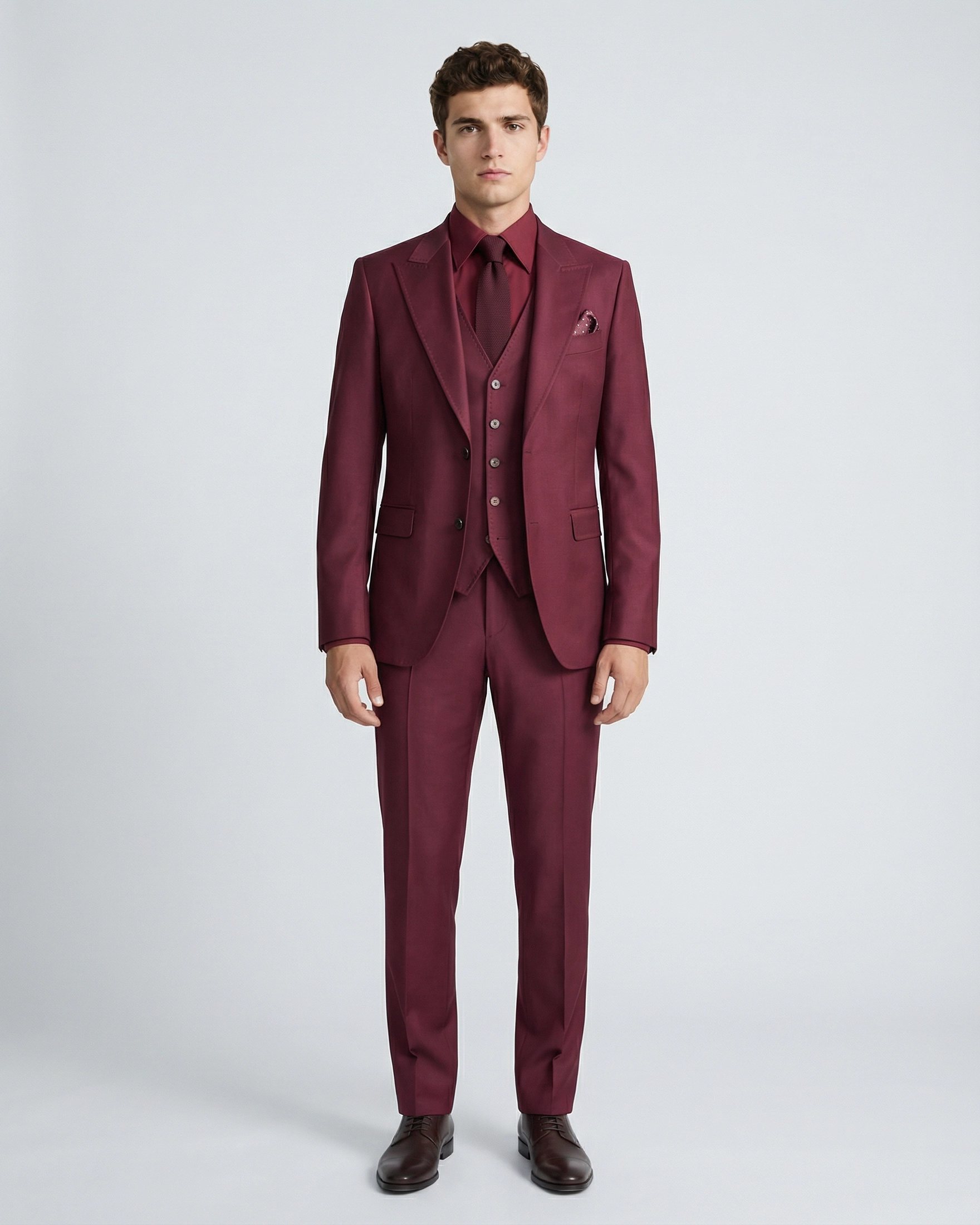 Traje de Novio Granate (Burgundy) 3 Piezas con Solapas de Punta y Punteado Sastre