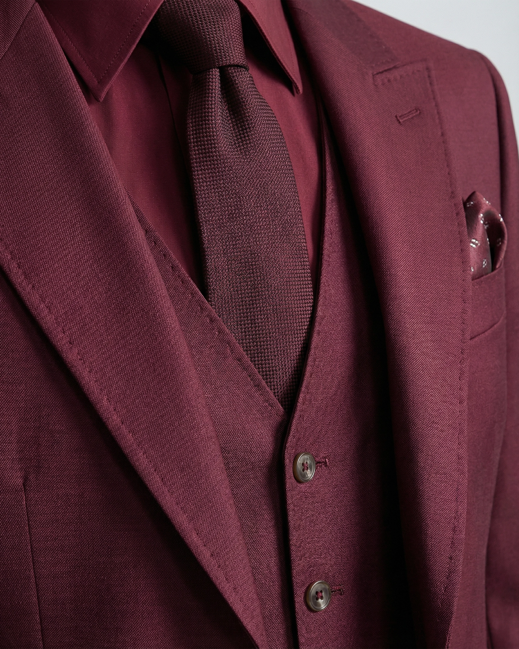 Traje de Novio Granate (Burgundy) 3 Piezas con Solapas de Punta y Punteado Sastre