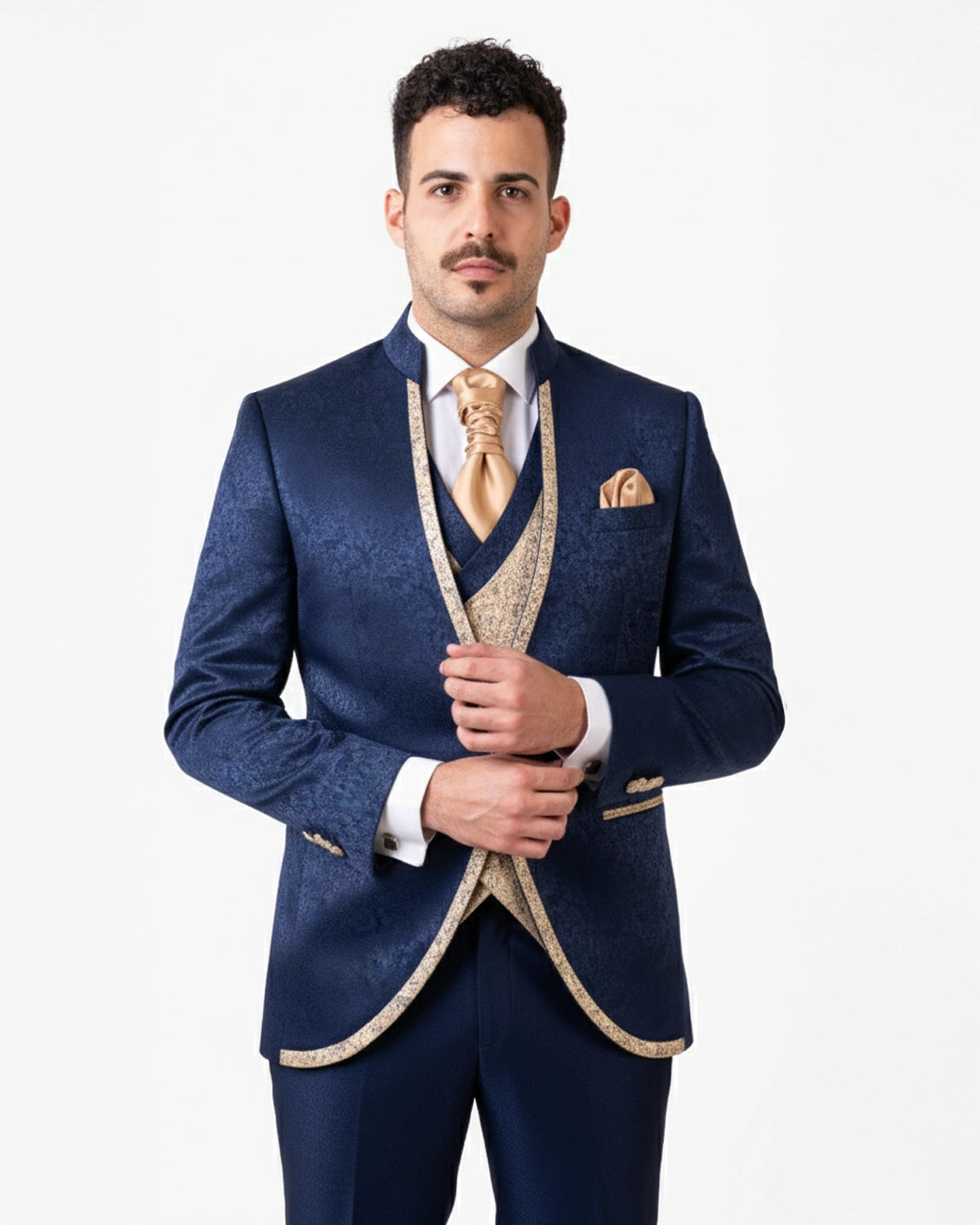 Traje novio italian mao azul y dorado