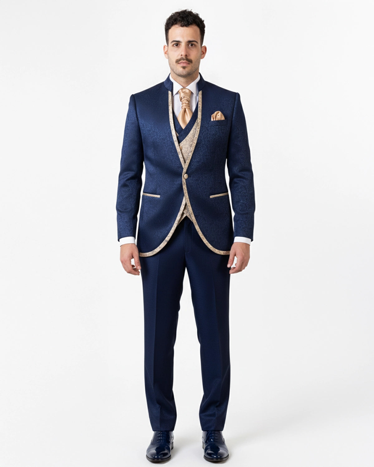 Traje novio italian mao azul y dorado