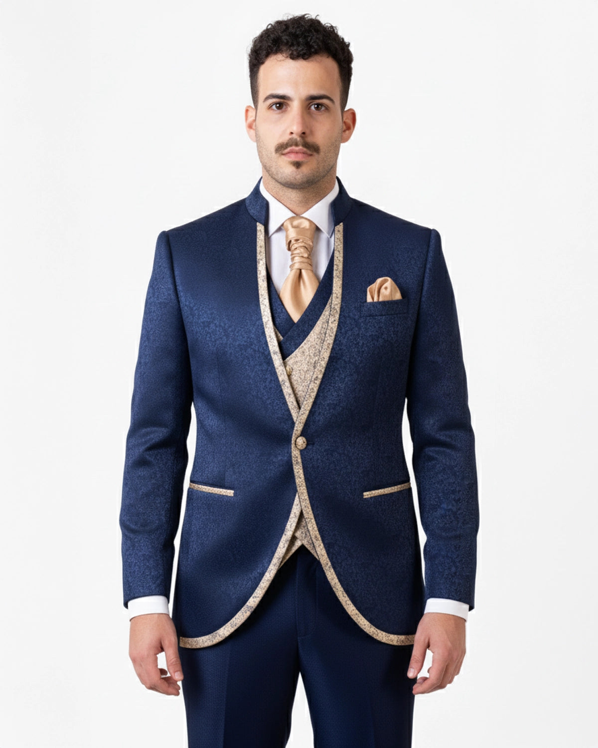 Traje novio italian mao azul y dorado
