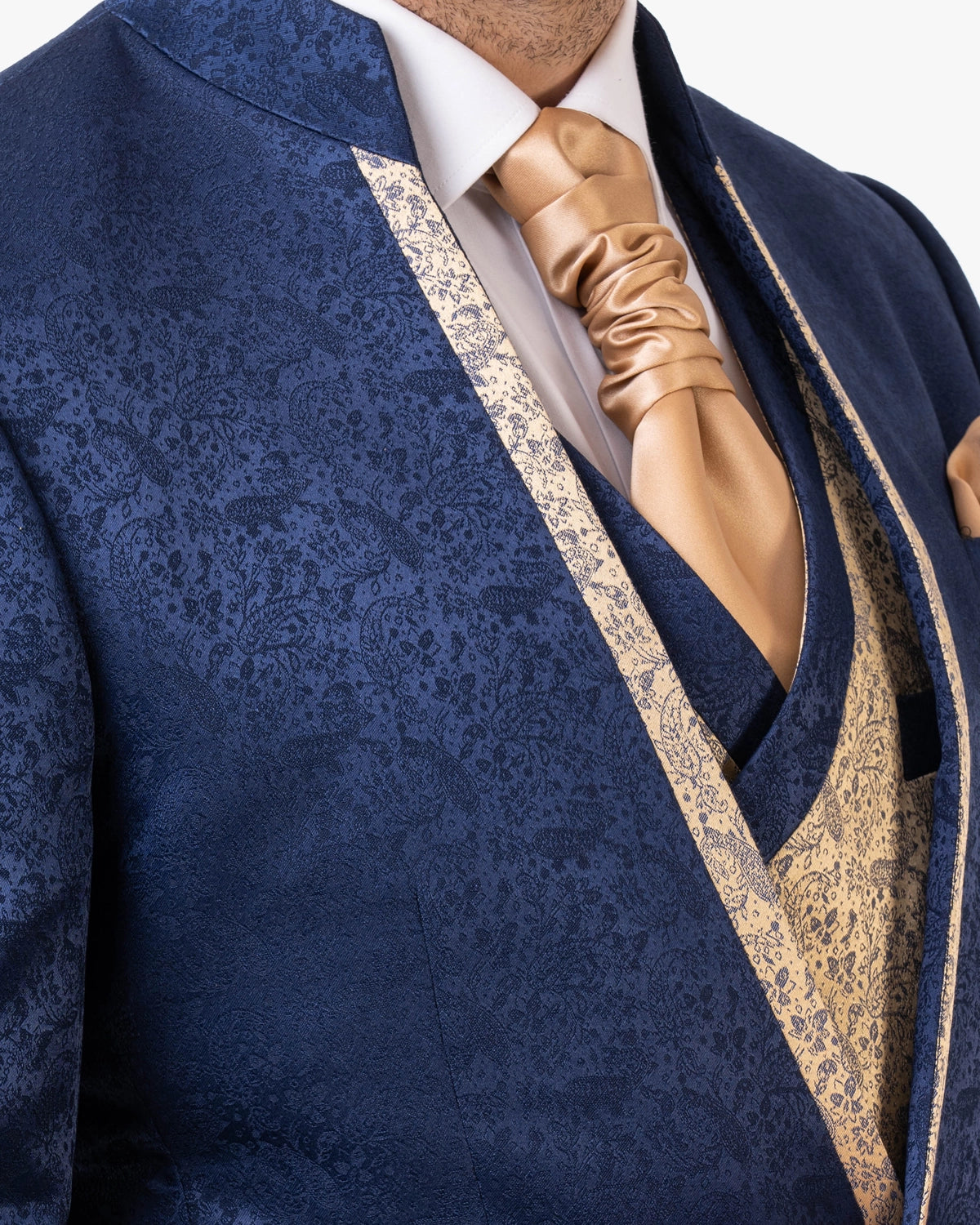 Traje novio italian mao azul y dorado