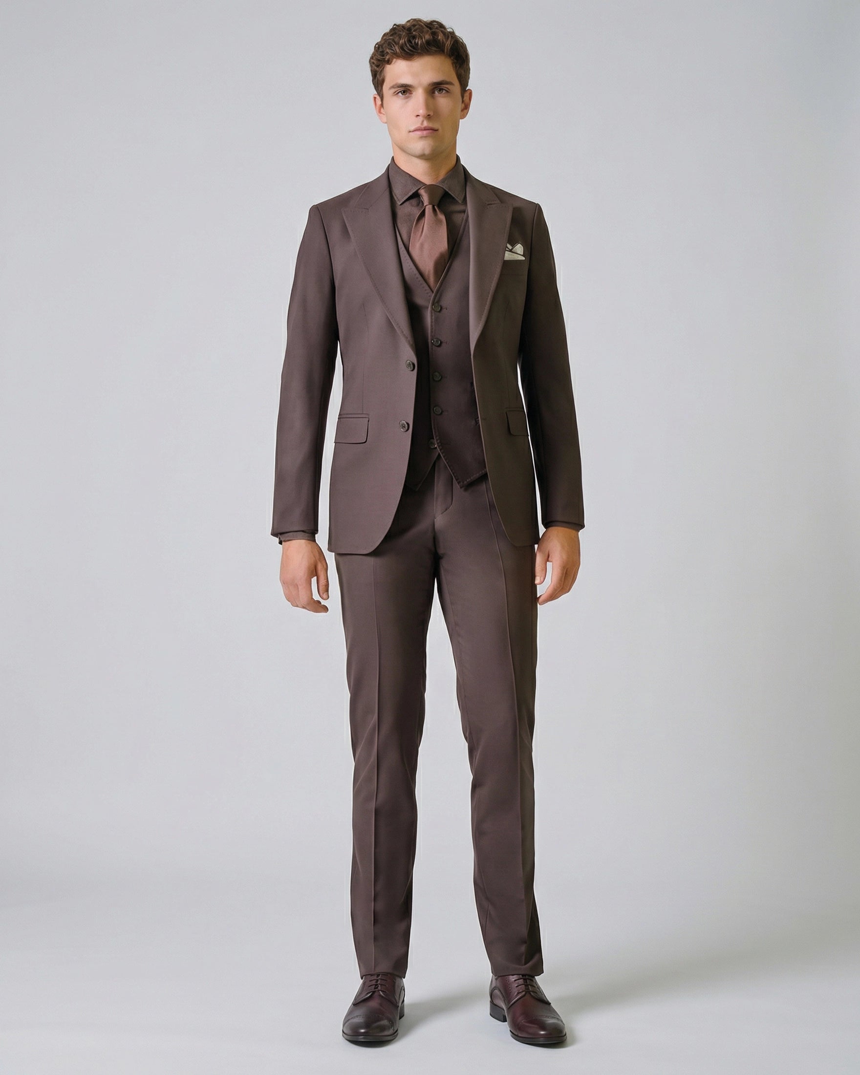 Traje de Novio/Vestir Marrón Chocolate 3 Piezas con Solapas de Punta