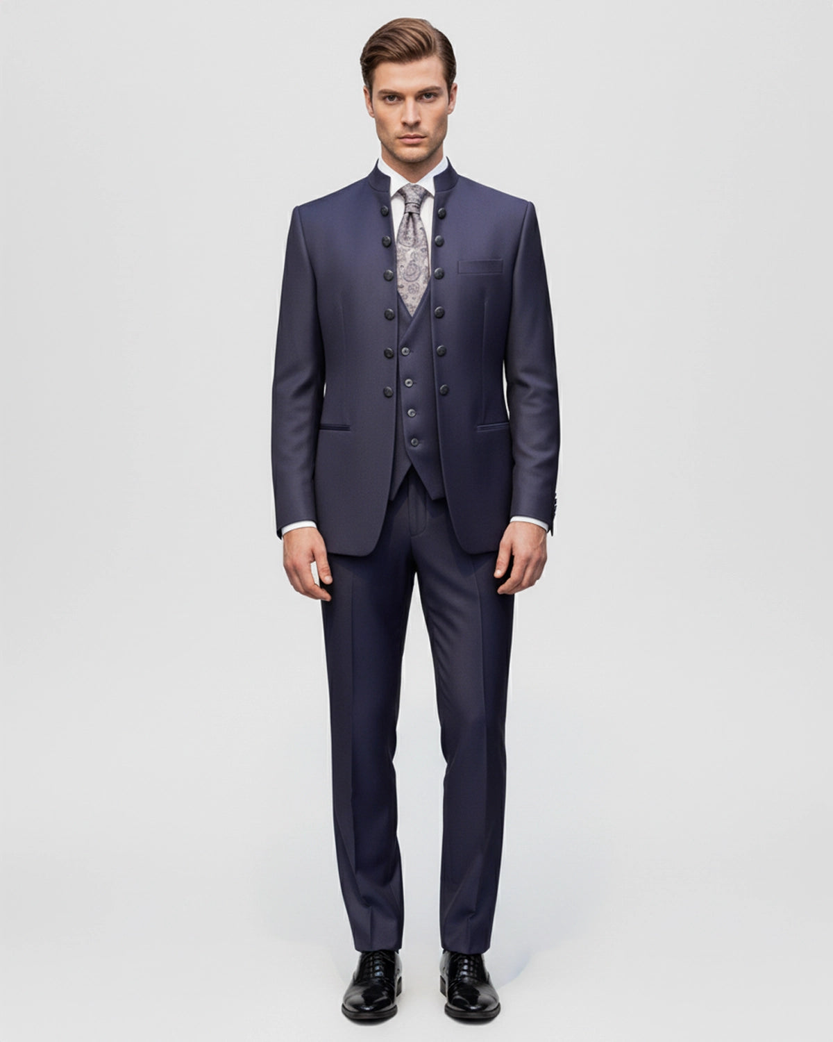 Levita de Novio a Medida Cuello Mao "Estilo Napoleón" Azul Marino con Botones Joya