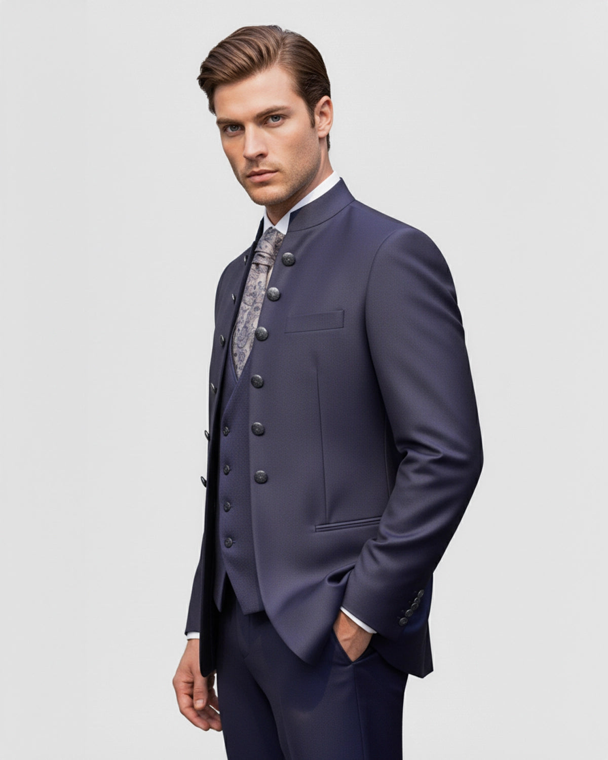 Levita de Novio a Medida Cuello Mao "Estilo Napoleón" Azul Marino con Botones Joya