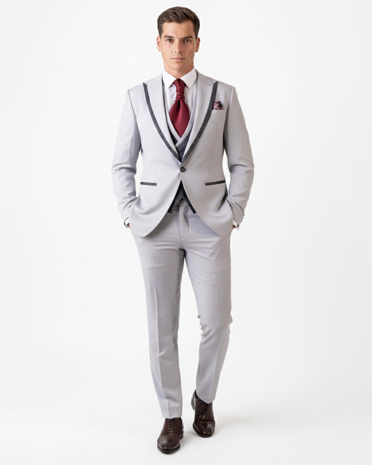 Traje novio gris con ribete