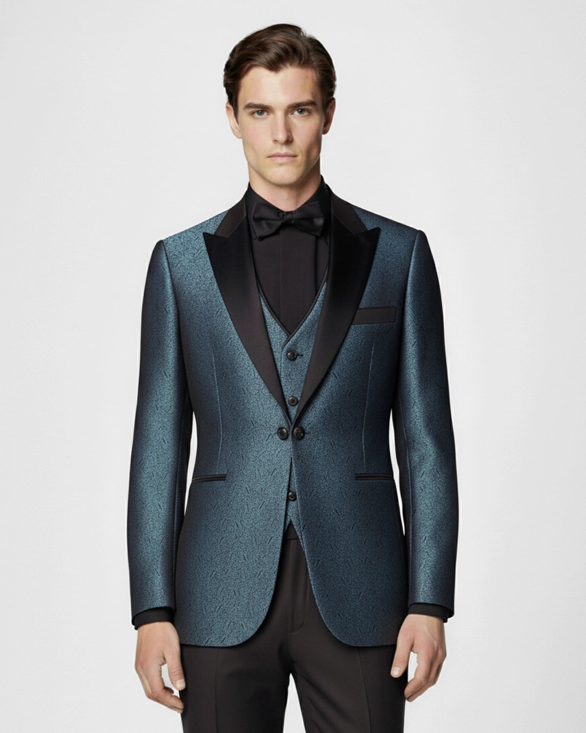 Esmoquin de Novio a Medida Azul Petróleo Metalizado con Textura Abstracta y Solapa Negra