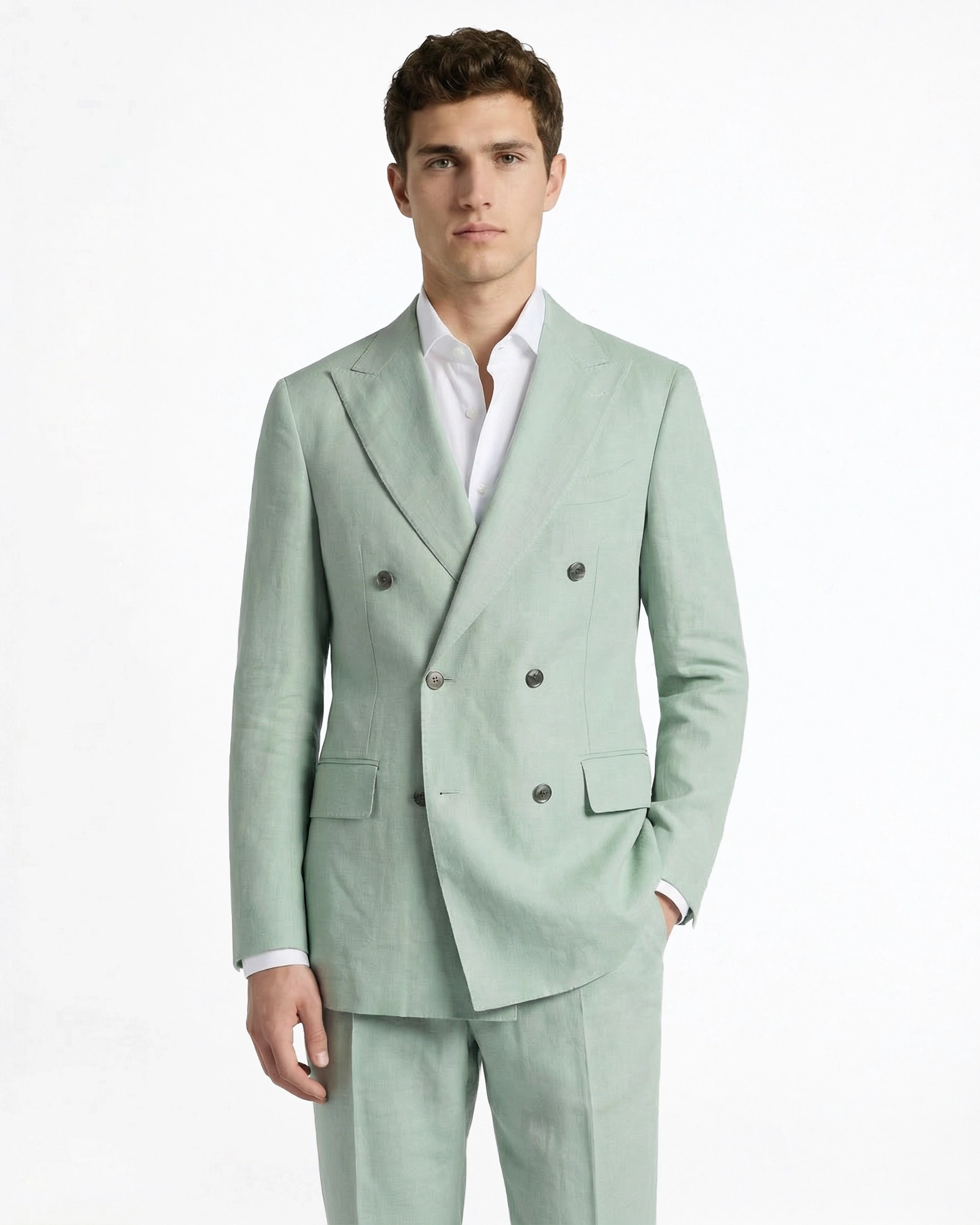 Traje Cruzado a Medida en Verde Medio (Tono Salvia): Lana Fría Premium